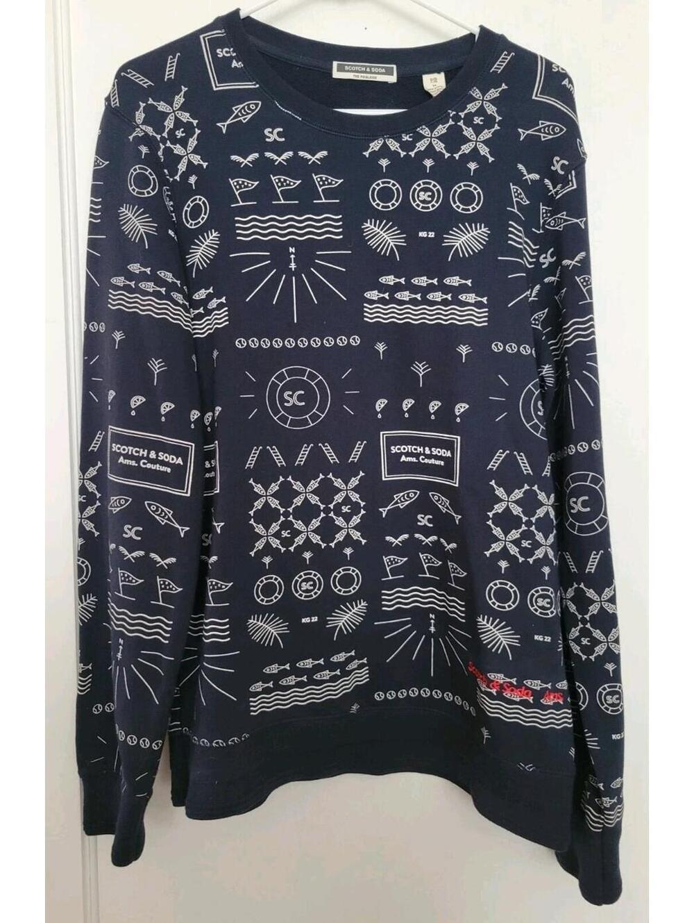 Men’s Scotch & Soda Ams Couture Knit Sweater Medium Fish Print NWT